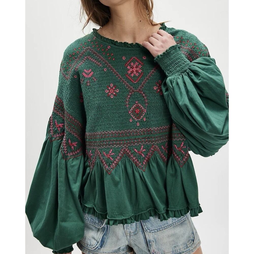 Free People Holly Knit Embroidered Smocked Long SleeveTop, Size XL - Picture 3 of 6